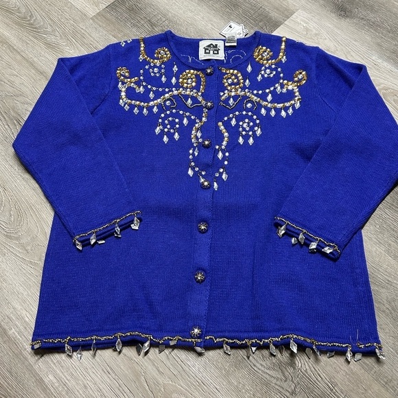 Storybook Knits Vintage Embroidered Beaded Blue Cardigan Sweater Size Large NEW - Picture 1 of 13